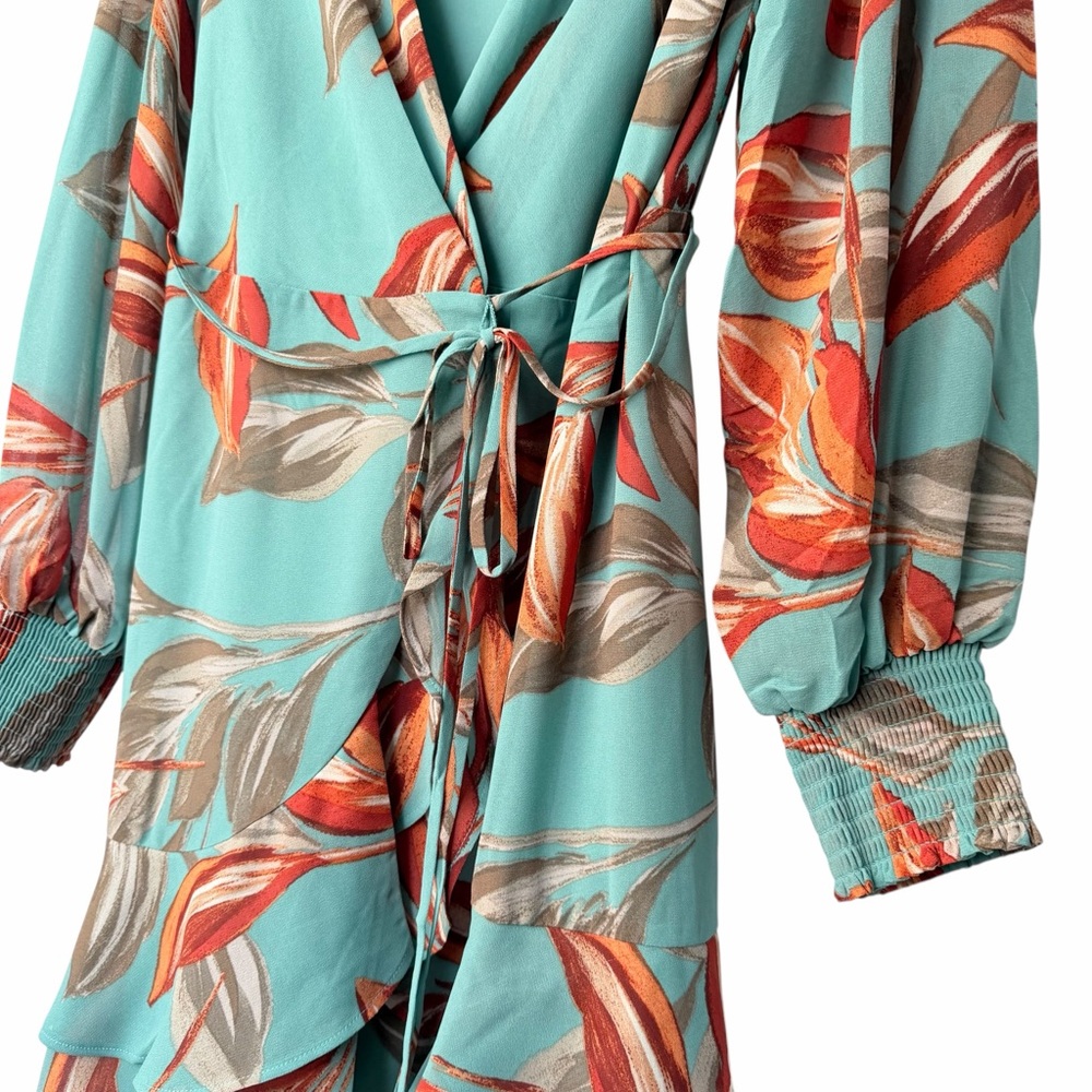 NWT Boutique Long Sleeve Blue & Orange Flowy Floral Wrap Mini Dress, Sm, M, Lg - Picture 7 of 9